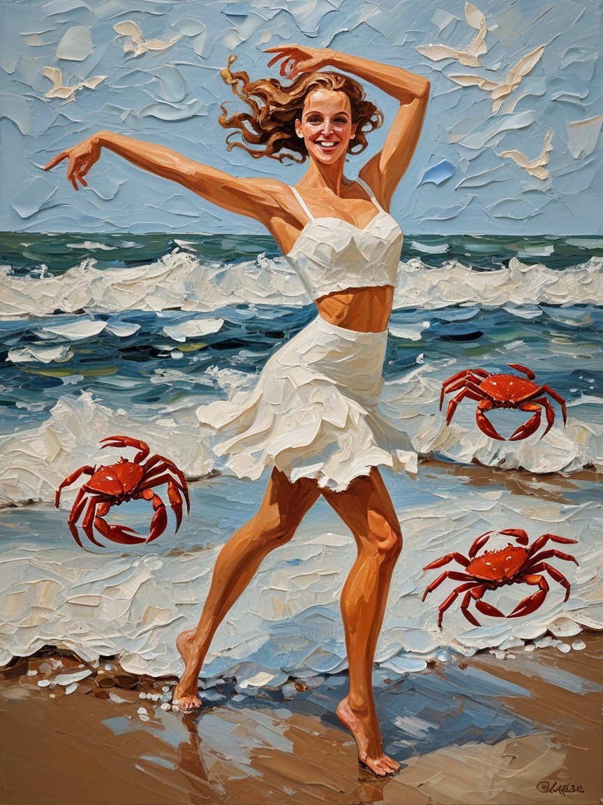 Joyful woman dancing on sunny beach with crabs and waves