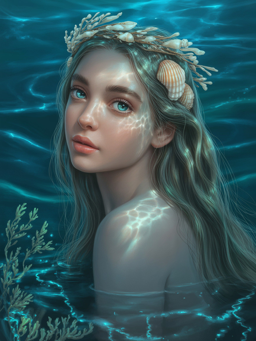 Digital Painting of a Young Woman in Blue Water