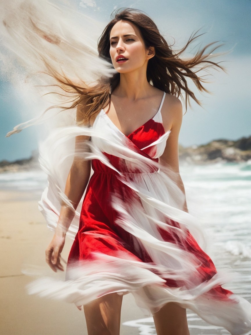 Woman in flowing dress on serene beach at sunset