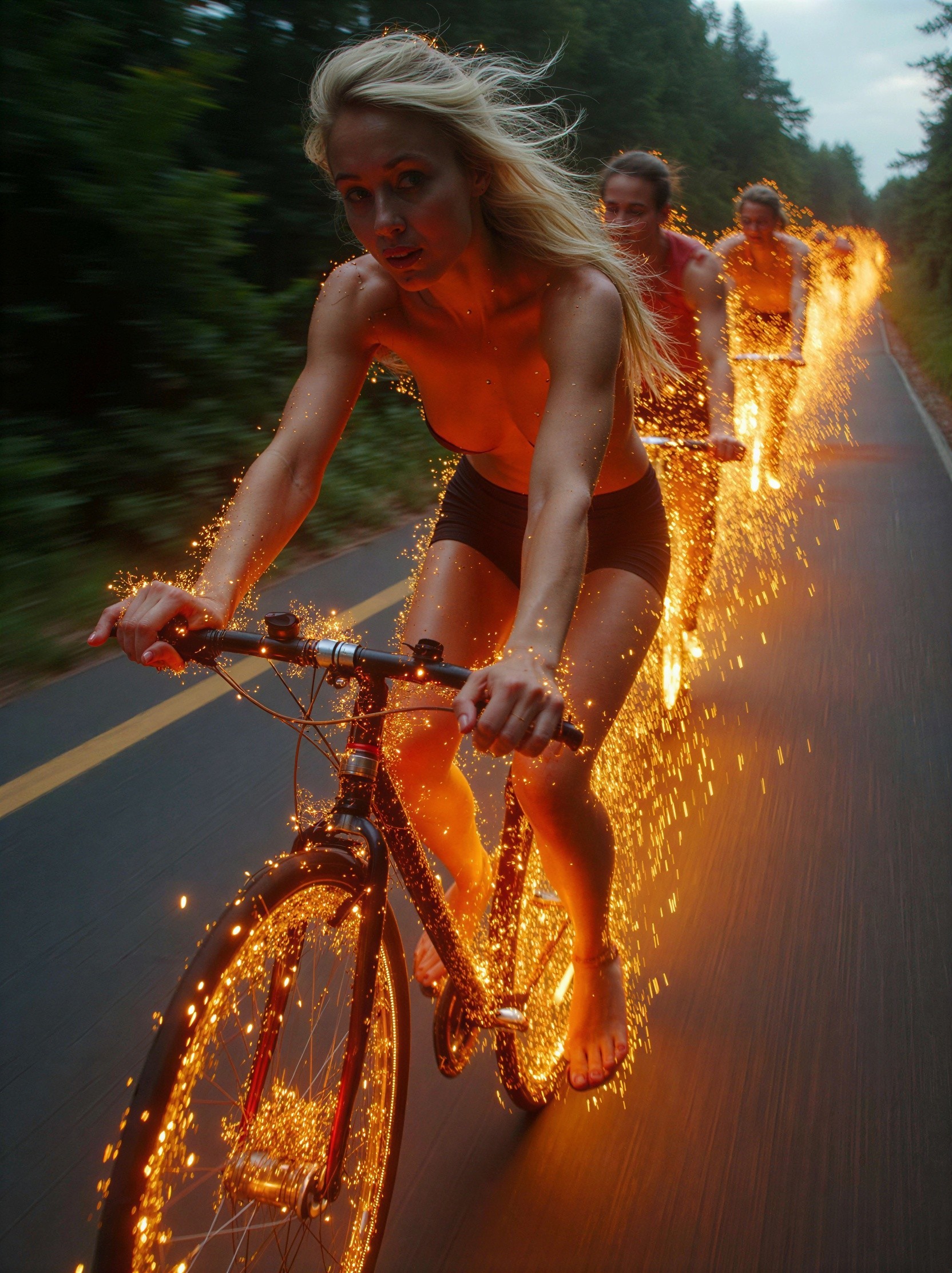 Women Riding Bicycles Through Forest at Dusk