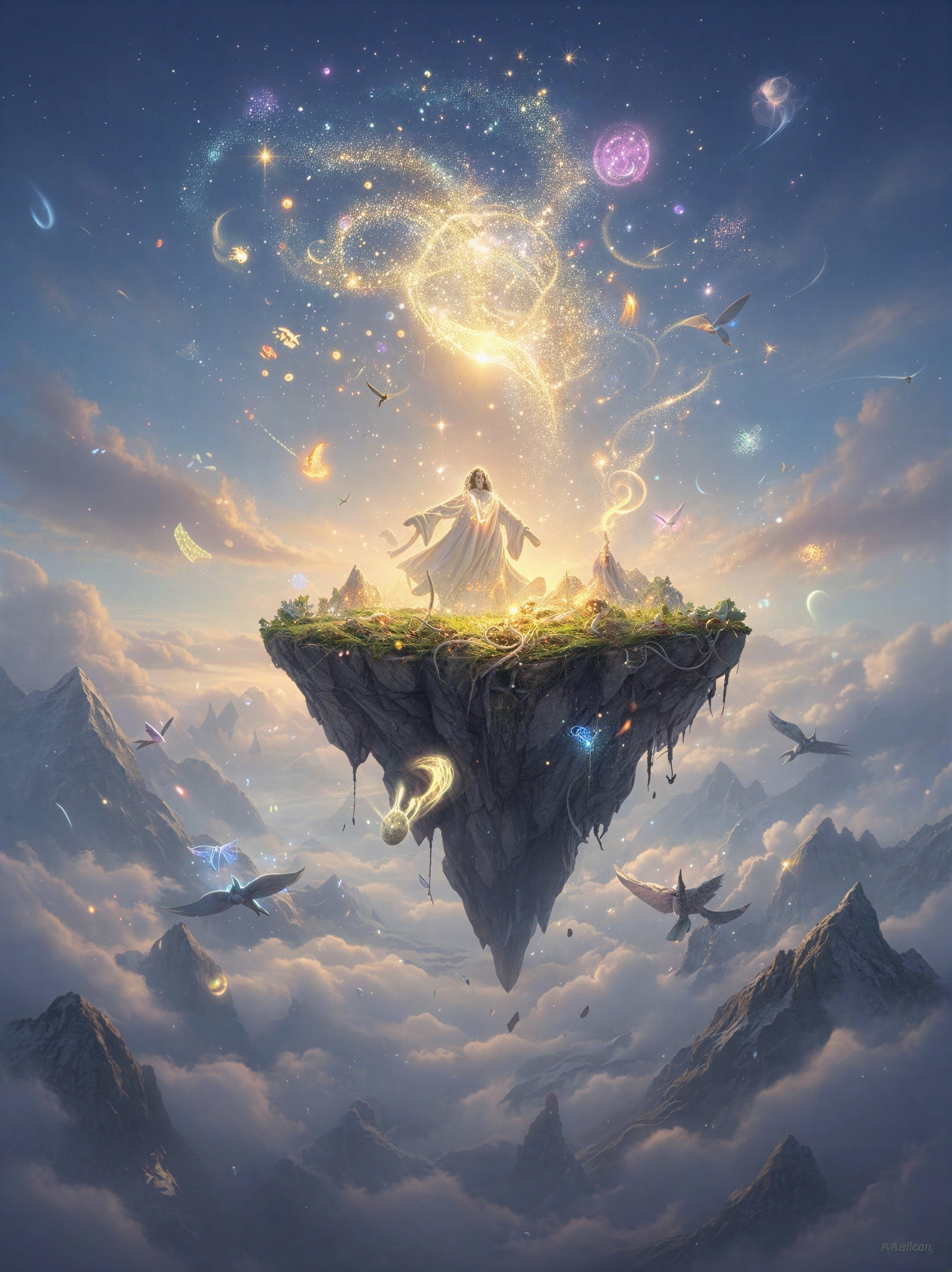 Celestial Scene with Cloaked Figure and Golden Light