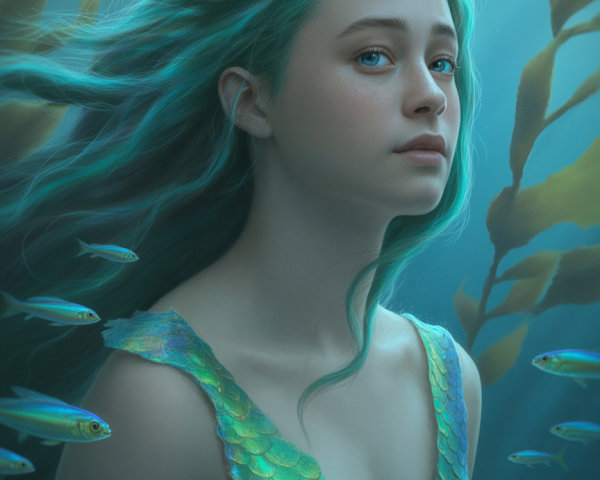 Underwater Scene with Mermaid and Lush Vegetation