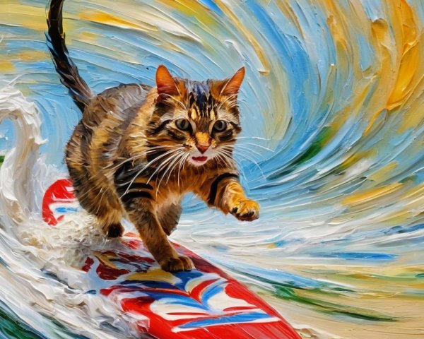 Whimsical Cat Surfing on a Red Surfboard Painting