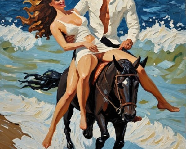Couple Riding Horse on Sunlit Beach Scene