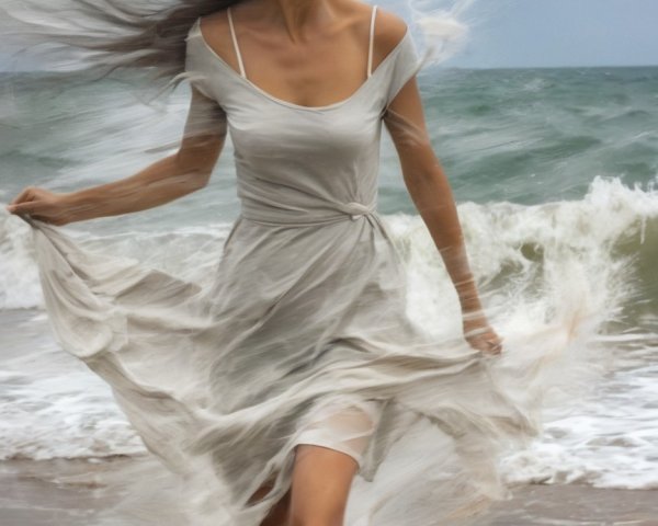 Woman in flowing dress on beach with waves and clouds
