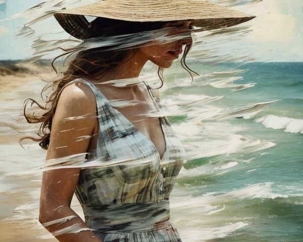 Woman in plaid dress walking on a serene beach