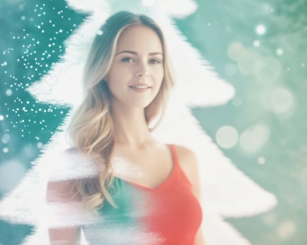 Cheerful Woman in Red Dress with Christmas Tree Background