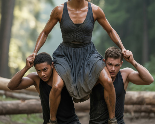 Caucasian woman on men's shoulders in muddy forest