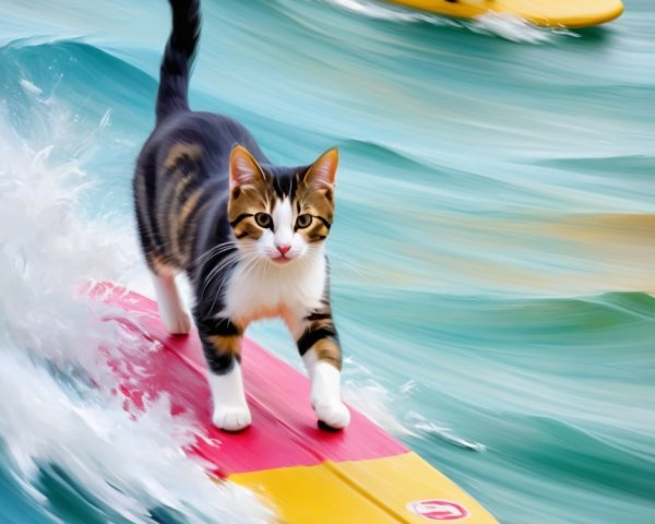 Cats Surfing on Colorful Boards in Clear Ocean Day