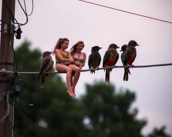 Women on Telephone Wire with Colorful Birds and Sky
