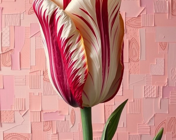 Vivid Red and Cream Striped Tulip on Pink Background