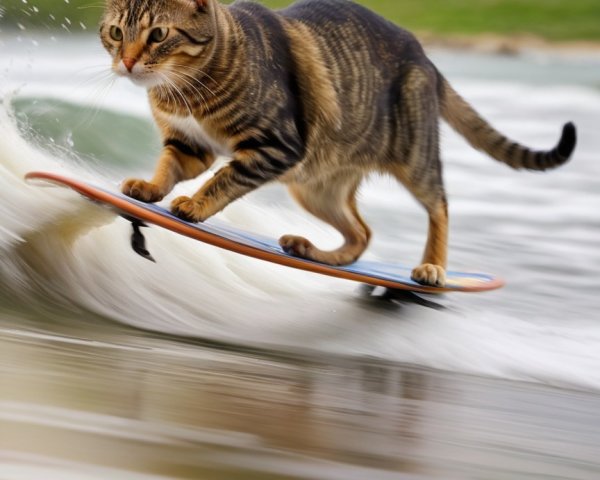 Tabby Cat Surfing on a Light Blue Surfboard
