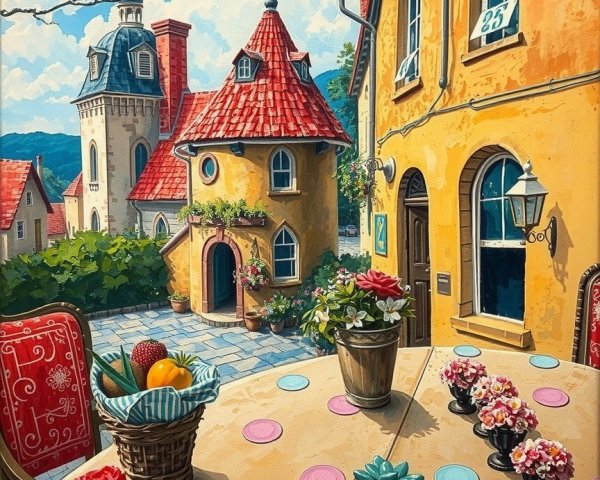 Charming Outdoor Scene with Colorful Table and Buildings