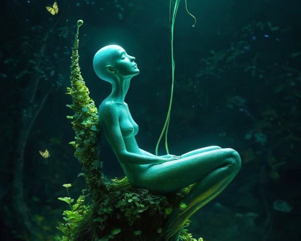 Teal-skinned figure with jellyfish in dark forest scene