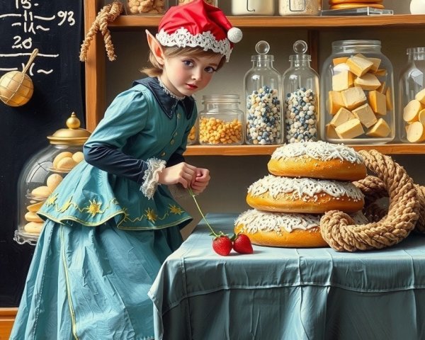Young Elf Girl Examines Decorated Cookies in Bakery