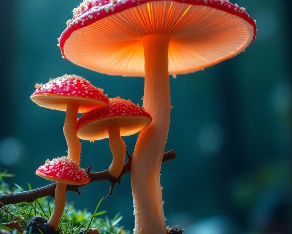 Close-up of glowing red and white speckled mushrooms
