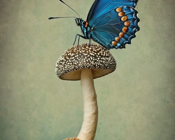 Blue Butterfly on Mushroom with Mossy Wood Background