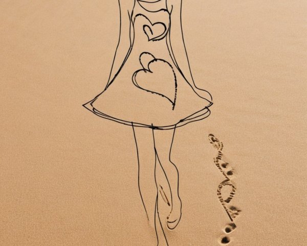 Sandy Beach Scene with Heart-Shaped Footprints