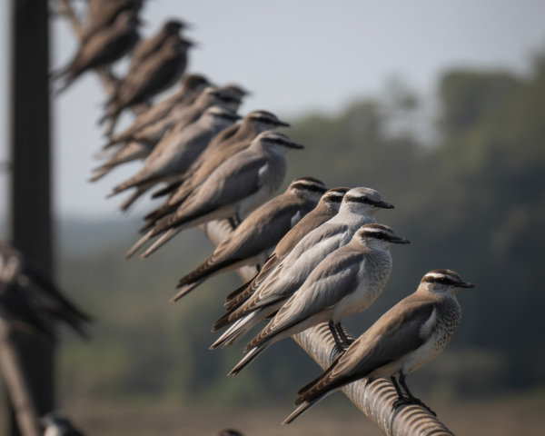 Brown and white striped head birds on wire structure