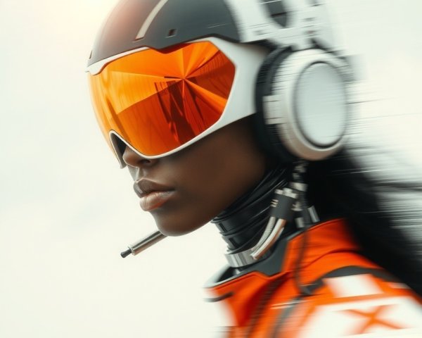 Futuristic athlete in orange racing suit with tech gear