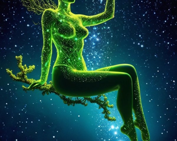 Ethereal Green Figure on Branch in Starry Sky Art