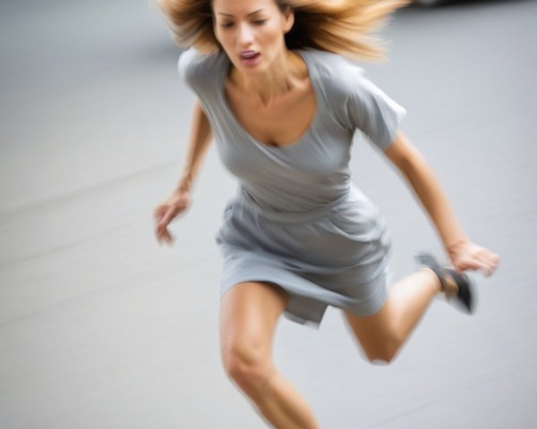 Woman in gray dress running across city street
