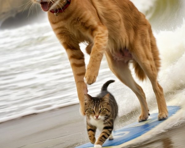 Large orange cat surfing with tabby on sandy shore