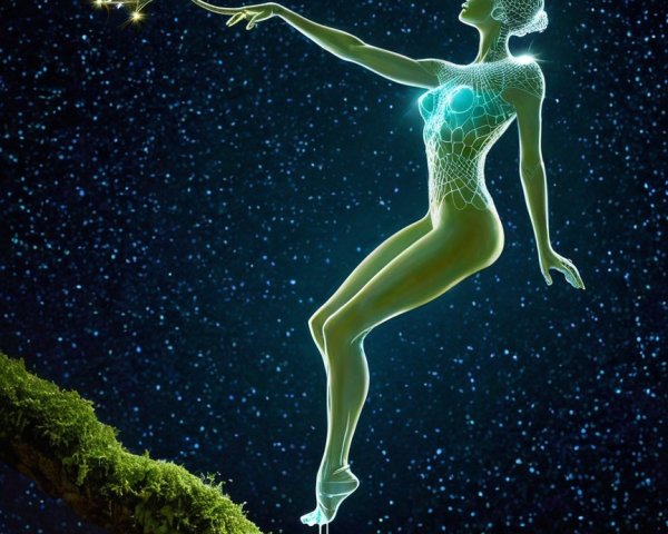 Ethereal woman figure with neon glow and spiderweb pattern