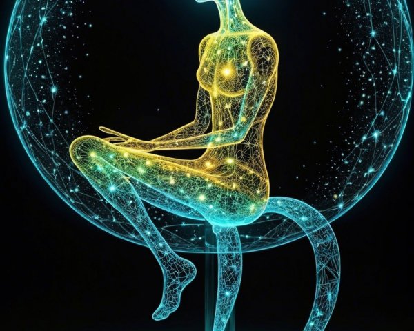 Digital art of a humanoid figure meditating in light