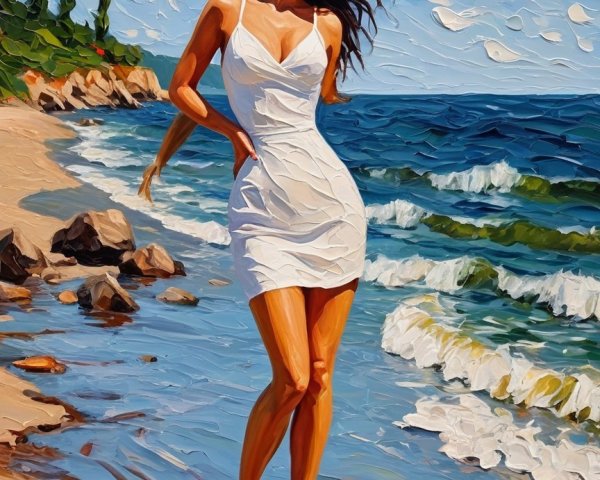 Woman in White Dress by Serene Beach Shoreline