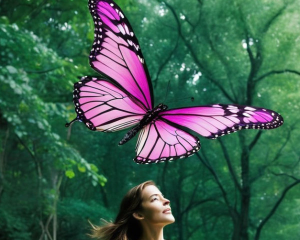 Woman in Forest Gazing at Large Butterfly