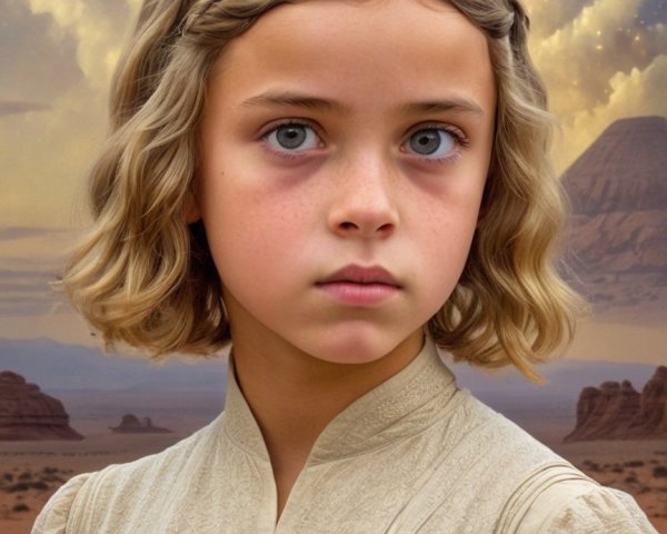 Young girl with blonde hair in cosmic desert scene