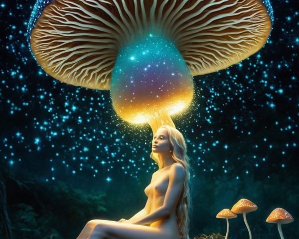 Surreal Portrait of a Woman Under a Glowing Mushroom