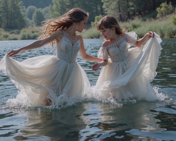 Women in White Gowns Splashing in Lake Water