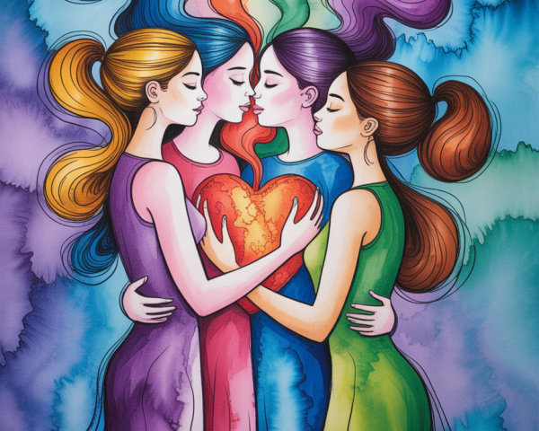 Three Women Embracing with Colorful Hair and Unity