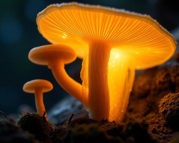 Bioluminescent Orange Mushrooms in Dark Forest Setting