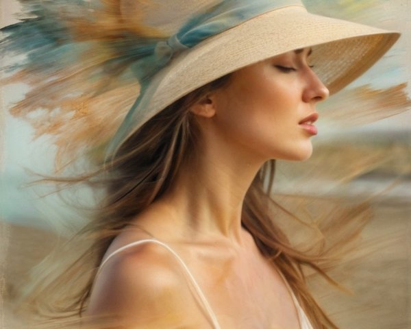Serene Woman on Beach with Stylish Straw Hat