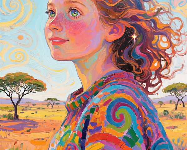 Vibrant Oil Painting of Girl in Savanna Landscape