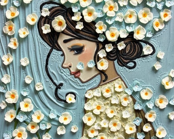 Woman Surrounded by White Flowers and Soft Blue Background