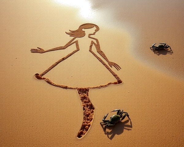 Sand drawing of a girl on a tranquil beach scene