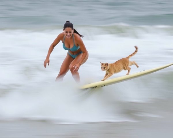 Woman in Blue Bikini Surfing with Ginger Cat