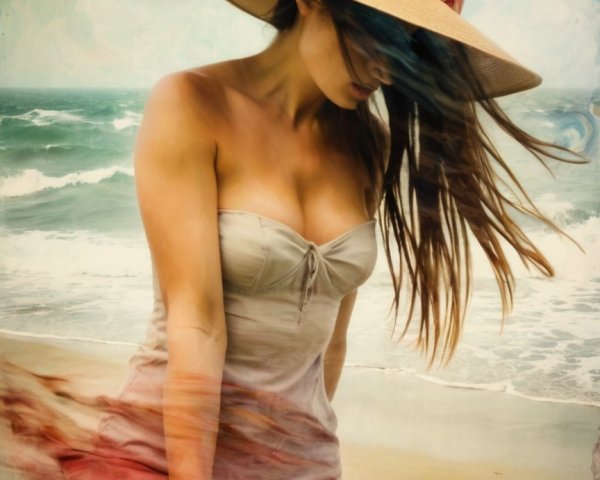 Woman in strapless dress on tranquil beach setting