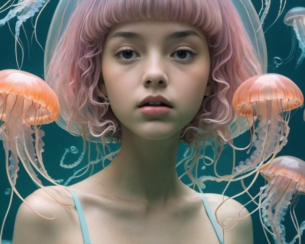 Surreal Underwater Scene with Jellyfish and Girl