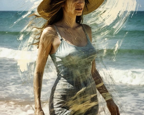Woman in light dress walking on a sunlit beach