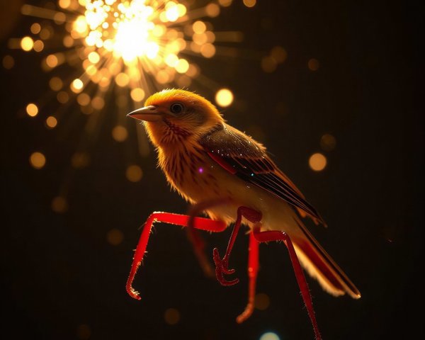 Fluffy Bird with Colorful Feathers Against Fireworks Background