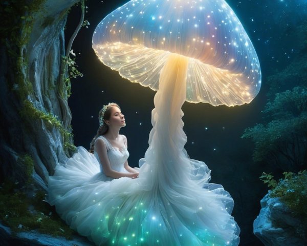 Young woman in white dress with glowing mushroom in forest