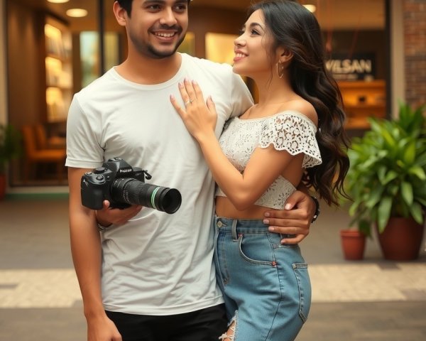 Young couple smiling in modern outdoor setting with balloons