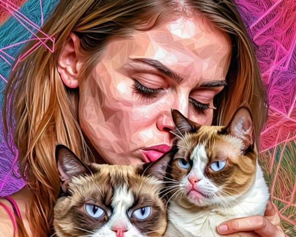 Woman with two playful cats in vibrant setting