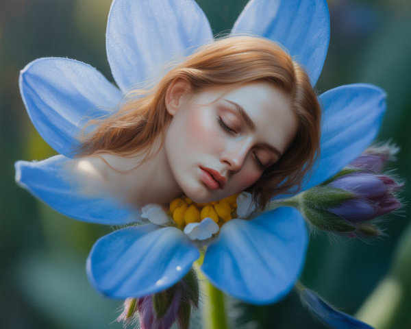 Surreal Scene of Flower with Female Face Inside