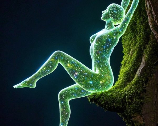 Luminous Neon Green Figure on Mossy Branch in Darkness